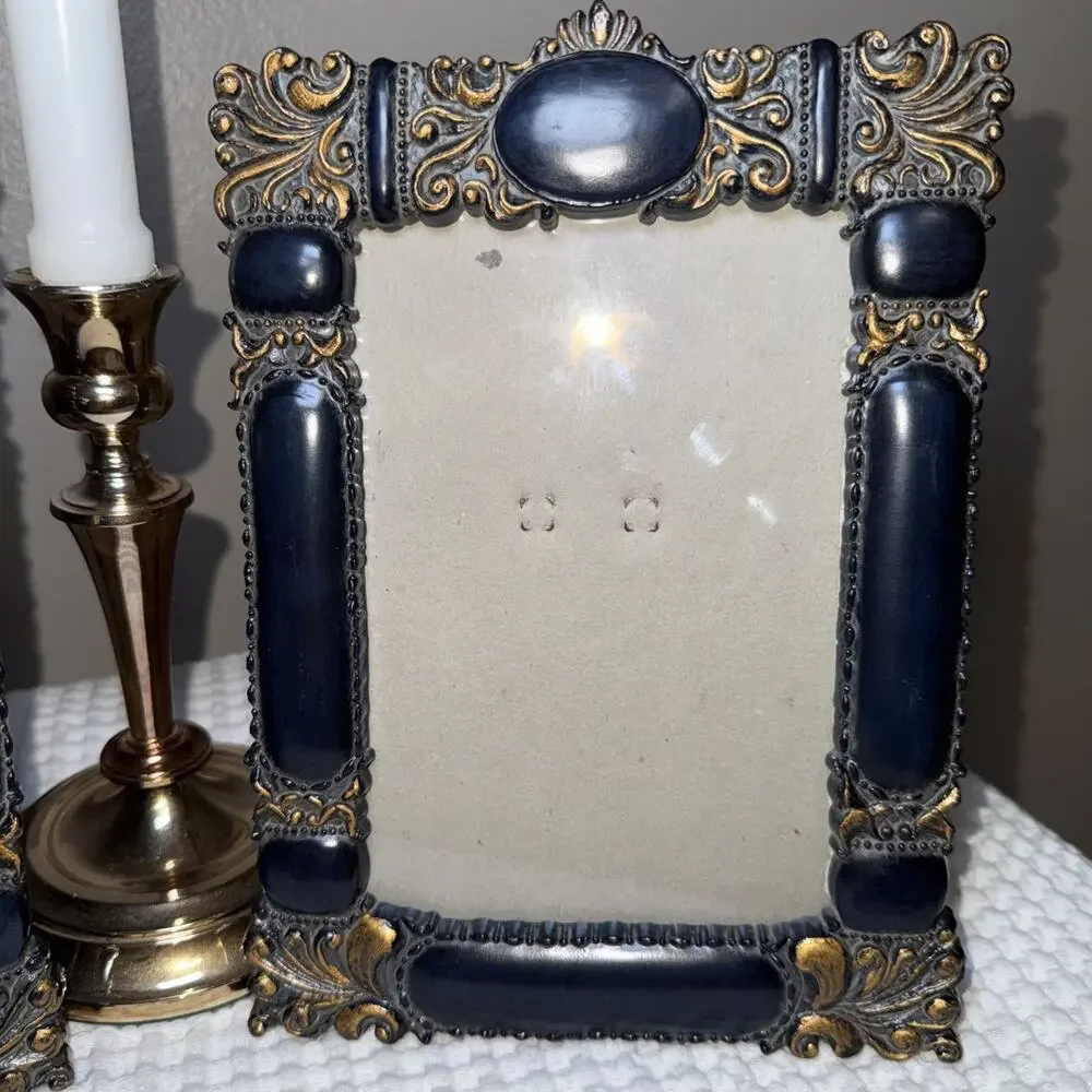 Vintage Hollywood Regency Navy Blue Gold 5x7 Picture Frames Set of 2 Ornate